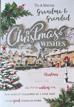 Grandma & Grandad Christmas Card - Traditional Snowy Street & Glitter 7.5x5.25"