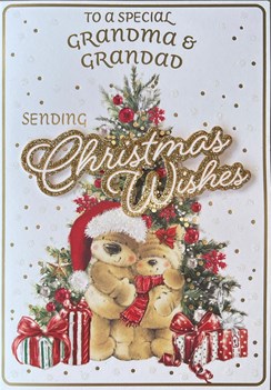 Grandma & Grandad Christmas Card - Cute Bears Xmas Tree Gold Glitter 7.5x5.25"
