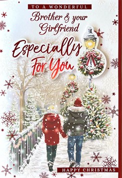 Brother & Girlfriend Christmas Card - Couple Walking in Snow Glitter & Foil 9x6"