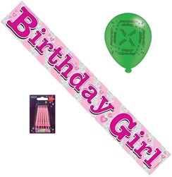 Pink Birthday Girl Party Pack - Birthday Banner, Latex Balloons, Pink Candles