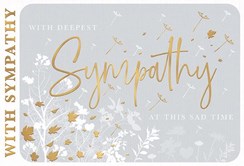 In Sympathy Card - Grey with White Flowers Gold Foil Leaves Writing 7.5x5"