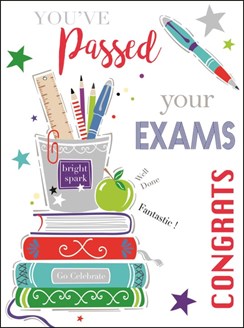Passed Your Exams Card - Stack of Books & Stationery Pot Silver Foil 7.25x5.25"
