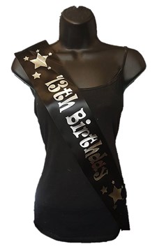 Black Happy 13th Birthday Party Satin Ribbon Sash - Age 13 Silver Stars