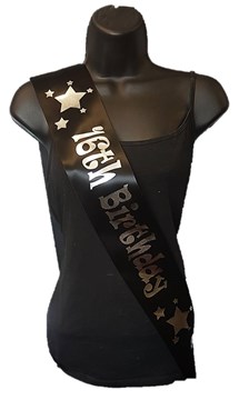 Black Happy 16th Birthday Party Satin Ribbon Sash - Age 16 Silver Stars