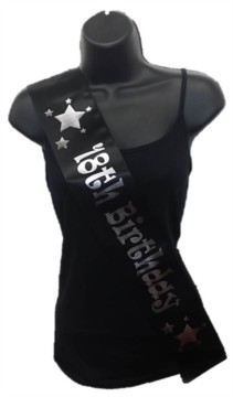 Black Happy 18th Birthday Party Satin Ribbon Sash - Age 18 Silver Stars