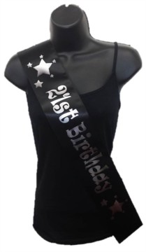 Black Happy 21st Birthday Party Satin Ribbon Sash - Age 21 Silver Stars
