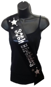 Black Happy 30th Birthday Party Satin Ribbon Sash - Age 30 Silver Stars