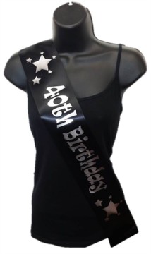 Black Happy 40th Birthday Party Satin Ribbon Sash - Age 40 Silver Stars