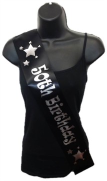 Black Happy 50th Birthday Party Satin Ribbon Sash - Age 50 Silver Stars