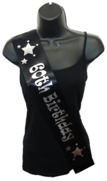 Black Happy 60th Birthday Party Satin Ribbon Sash - Age 60 Silver Stars