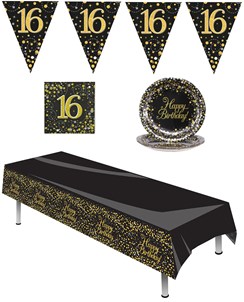 Party Pack for 8 Black & Gold Table Cover Napkin Plates Bunting - 16th Birthday