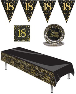 Party Pack for 8 Black & Gold Table Cover Napkin Plates Bunting - 18th Birthday Party Pack for 8 Black & Gold Table Cover Napkin Plates Bunting - 18th Birthday