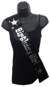 Black Birthday Girl Party Satin Ribbon Sash - Silver Stars