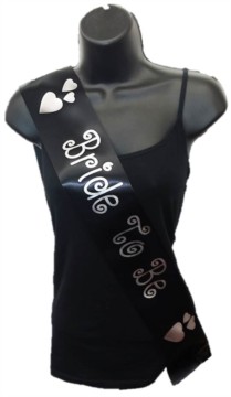 Black Bride To Be Hen Party Girls Night Satin Ribbon Sash - Silver Hearts