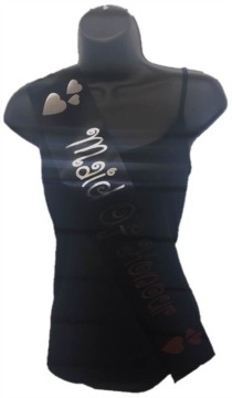 Black Maid Of Honour Hen Party Girls Night Satin Ribbon Sash - Silver Hearts