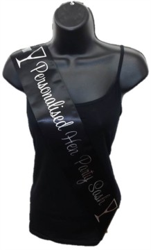 Black Personalised Hen Party Girls Night Out Satin Ribbon Sash - Silver Glasses