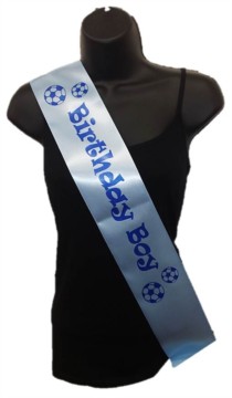 Pale Blue Birthday Boy Party Satin Ribbon Sash - Blue Footballs