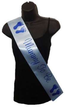 Pale Blue Mummy To Be Baby Shower Party Satin Ribbon Sash - Blue Baby Feet