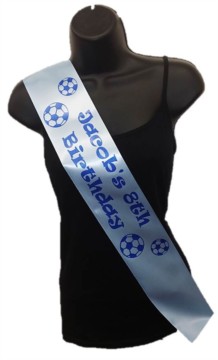 Pale Blue Personalised Birthday Boy Party Satin Ribbon Sash - Blue Footballs