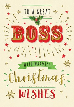 Boss Christmas Card - Big Writing With Stars Glitter & Holy 7.5x5.25"