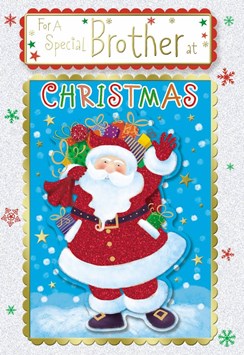Brother Christmas Card - Glitter Santa with Gifts Stars & Snowflakes  10" x 7"