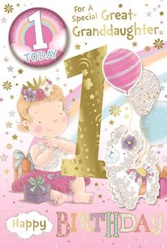 Great Granddaughter 1st Birthday Card & Badge Girl with Llama and Balloons 9x6"