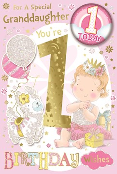 Granddaughter 1st Birthday Card & Badge 1 Today Girl Balloons Glitter Foil 9x6" Granddaughter 1st Birthday Card & Badge 1 Today Girl Balloons Glitter Foil 9x6"