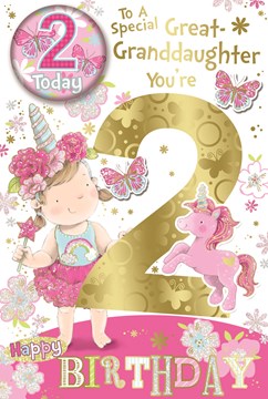 Great Granddaughter 2nd Birthday Card & Badge - Girl and Unicorn Glitter 9x6"