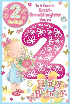 Great Granddaughter 2nd Birthday Card & Badge - Girl with Flowers & Foil 9x6"