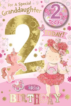 Granddaughter 2nd Birthday Card & Badge - 2 Today Princess & Unicorn 9" x 6"