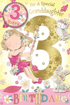 Granddaughter 3rd Birthday Card & Badge - 3 Today Girl on Swing Gold Foil 9x6"