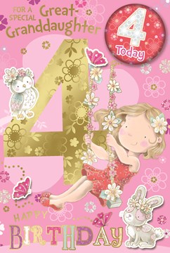 Great Granddaughter 4th Birthday Card & Badge - 4 Today Girl on Swing 9x6"