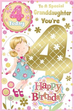 Granddaughter 4th Birthday Card & Badge - Age 4 Girl Skipping Gold Foil 9x6"