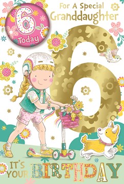 Granddaughter 6th Birthday Card & Badge 6 Today Girl on Scooter Glitter 9x6"