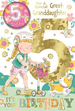 Great Granddaughter 5th Birthday Card & Badge - Girl on Scooter & Dog 9x6"