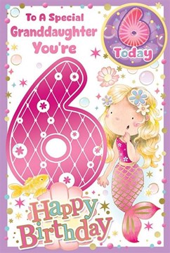 Granddaughter 6th Birthday Card & Badge 6 Today - Mermaid Pink & Foil 9x6"