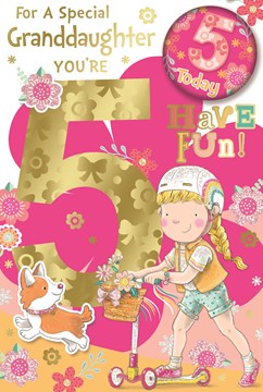 Granddaughter 5th Birthday Card & Badge - 5 Today Girl on Scooter 9" x 6"
