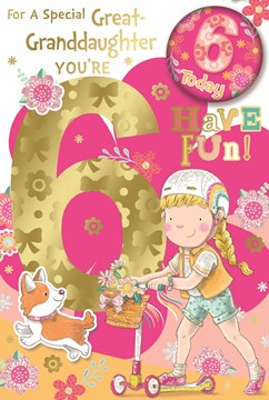 Great Granddaughter 6th Birthday Card & Badge - Girl on Scooter & Dog 9"x6"