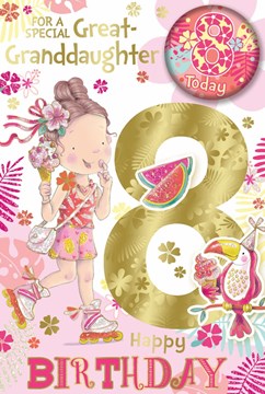 Great Granddaughter 8th Birthday Card & Badge - Girl with Roller skates 9" x 6"