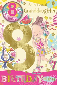 Granddaughter 8th Birthday Card & Badge Age 8 Girl with Ice Cream Gold Foil 9x6"