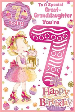 Great Granddaughter 7th Birthday Card & Badge - Girl with Ice Cream Float 9x6" Great Granddaughter 7th Birthday Card & Badge - Girl with Ice Cream Float 9x6"