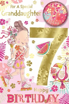 Granddaughter 7th Birthday Card & Badge - 7 Today Girl with Ice Cream 9" x 6"