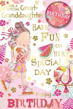 Great Granddaughter Birthday Card & Badge - Girl and Ice Cream Glitter Foil 9x6"