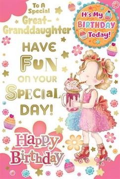 Great Granddaughter Birthday Card & Badge - Young Girl Ice Cream Float Foil 9x6"