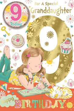 Granddaughter 9th Birthday Card & Badge - 9 Today Girl and Diary 9" x 6"