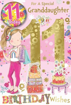 Granddaughter 11th Birthday Card & Badge - 11 Today Girl Cake Foil Glitter 9x6"