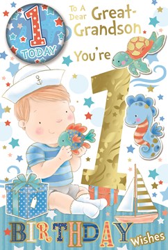 Great Grandson 1st Birthday Card & Badge - Gold Foil 1, Boy & Sea Animals 9 x 6"