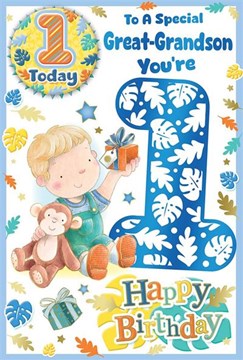 Great Grandson 1st Birthday Card & Badge - Age 1 Boy & Monkey Blue Foil 9x6"