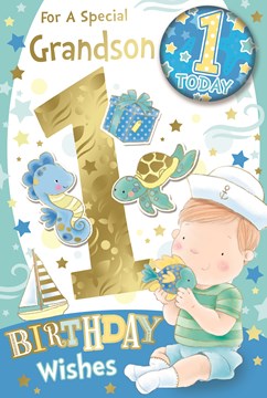 Grandson 1st Birthday Card & Badge - Age 1 Today Boy Sea Creatures Gold Foil 9x6