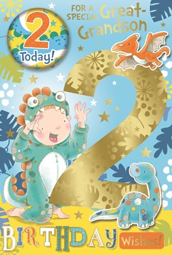 Great Grandson 2nd Birthday Card & Badge - Gold Number 2 Boy as Dinosaur 9x6"